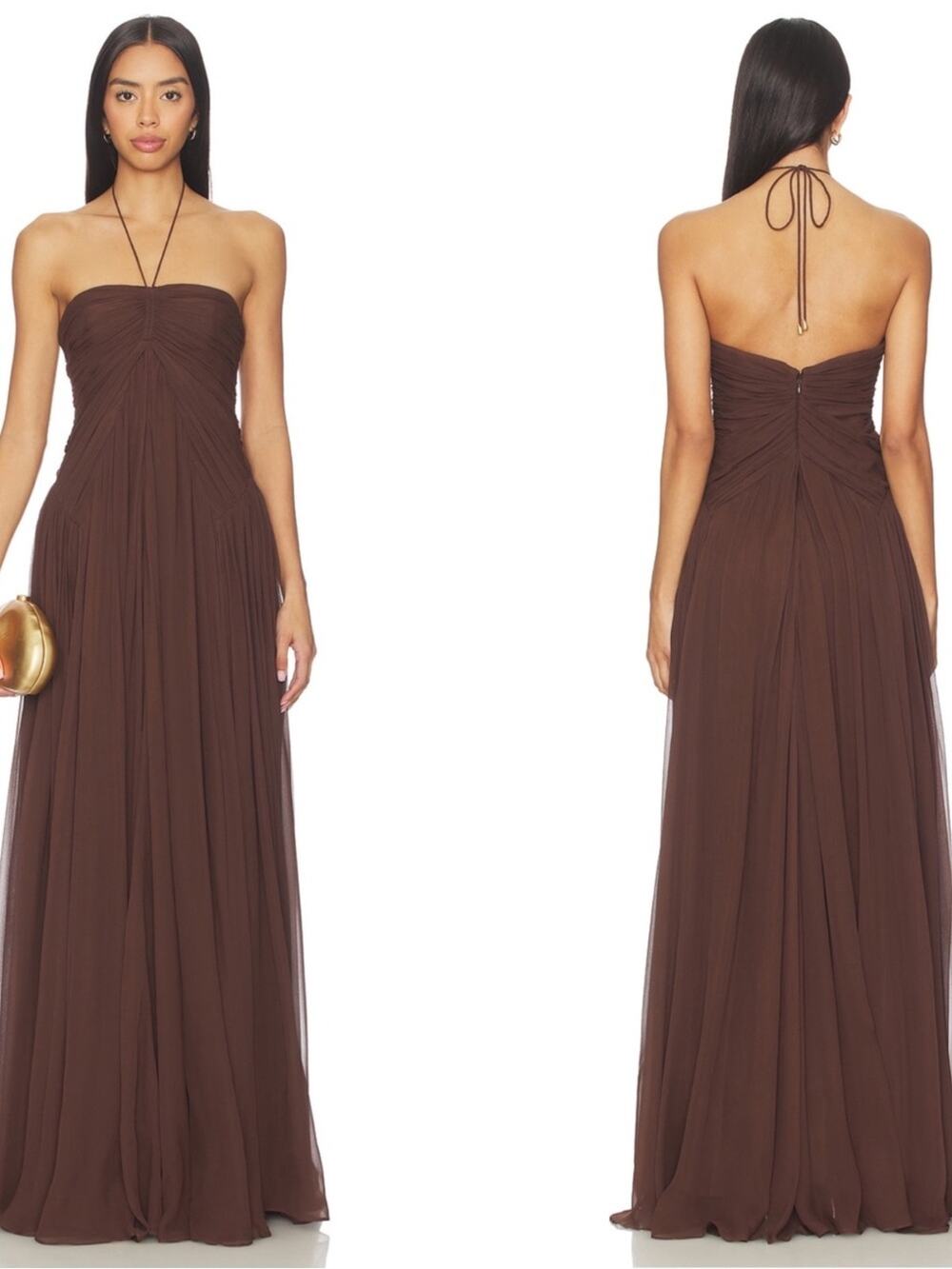 CULT GAIA Ritz Ruched Pleated Chiffon Java Brown Maxi Dress Size 0